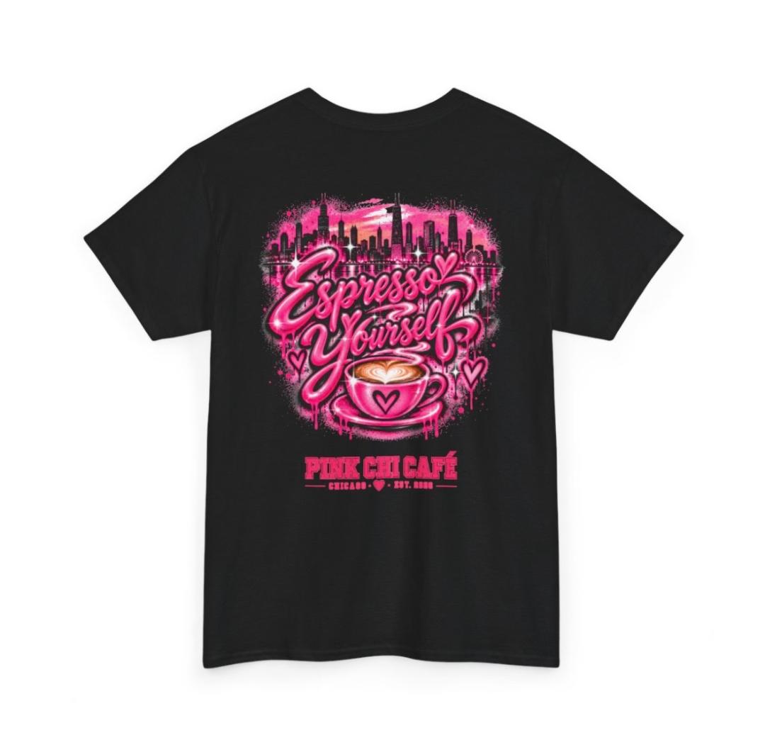 Back of the Espresso Yourself tee with a pink Chicago skyline